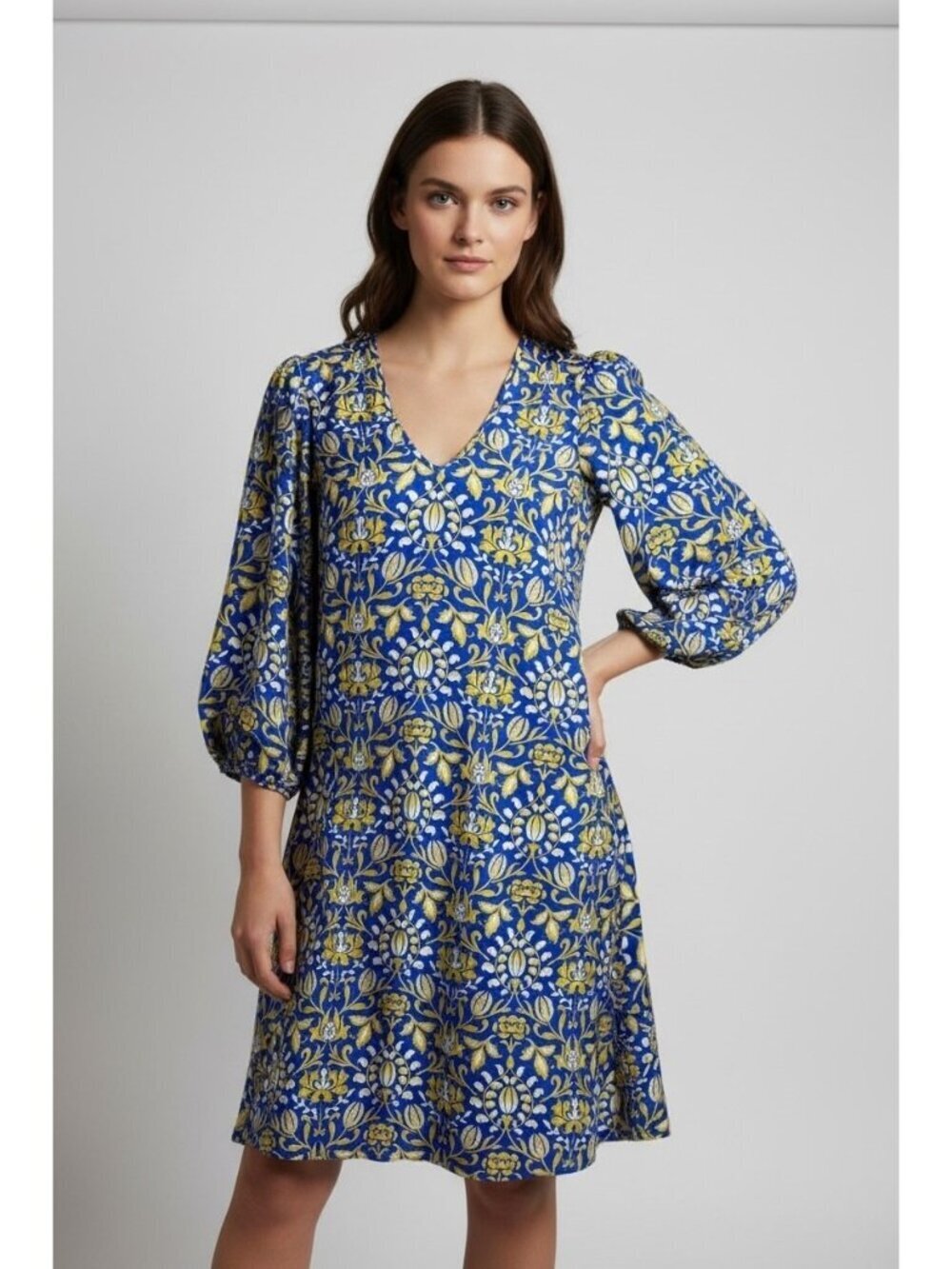 Cynthia Rowley Blue Gold Floral V-Neck Dress Puff Sleeve A-Line Size 4